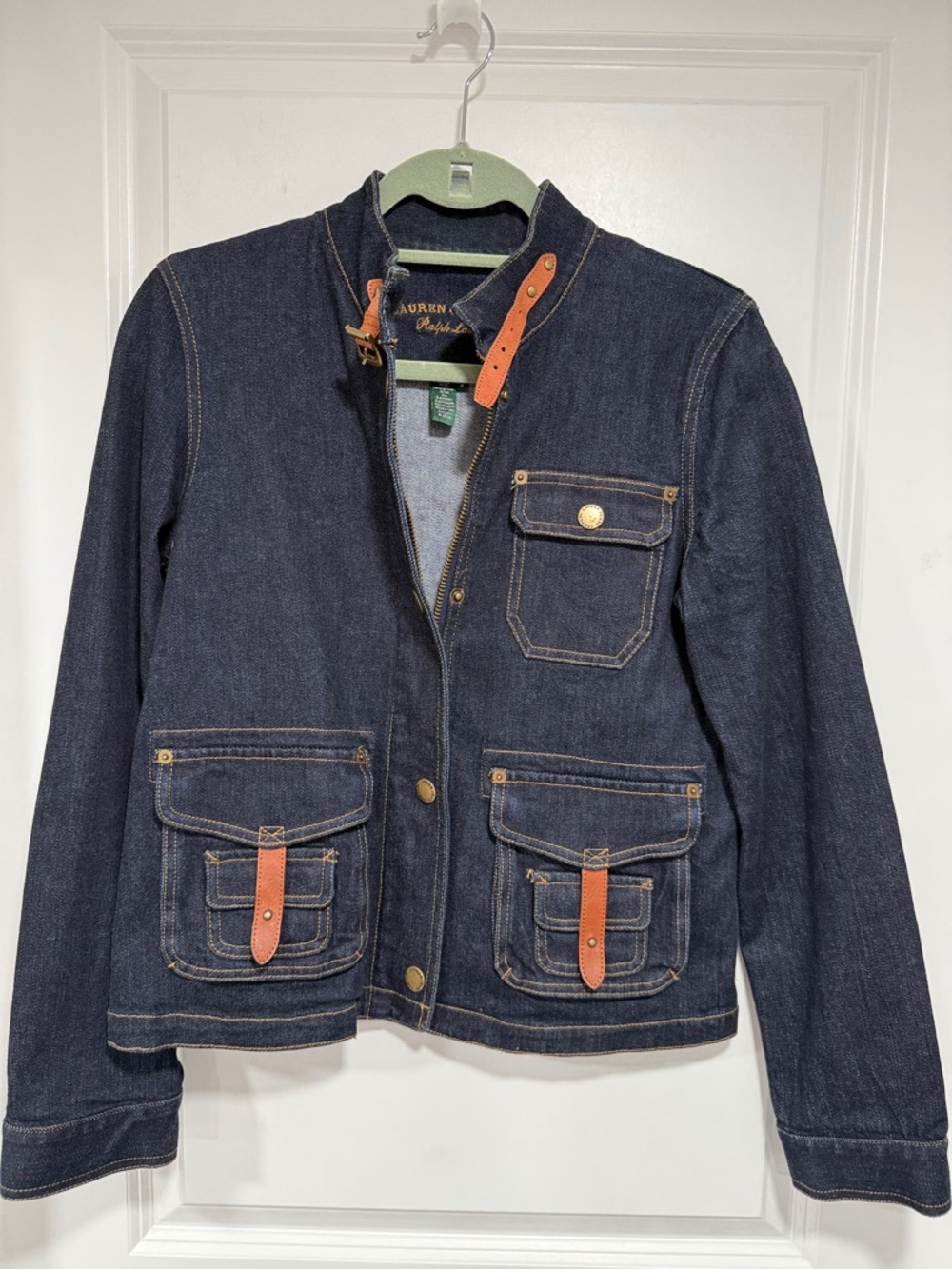 M Ralph Lauren Dark Indigo Denim Field Jacket with Brown Leather Accents